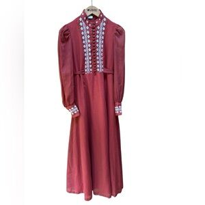 1970s Burnt Orange White Floral Embroidered Semi Sheer Sleeves Maxi Prairie Dres
